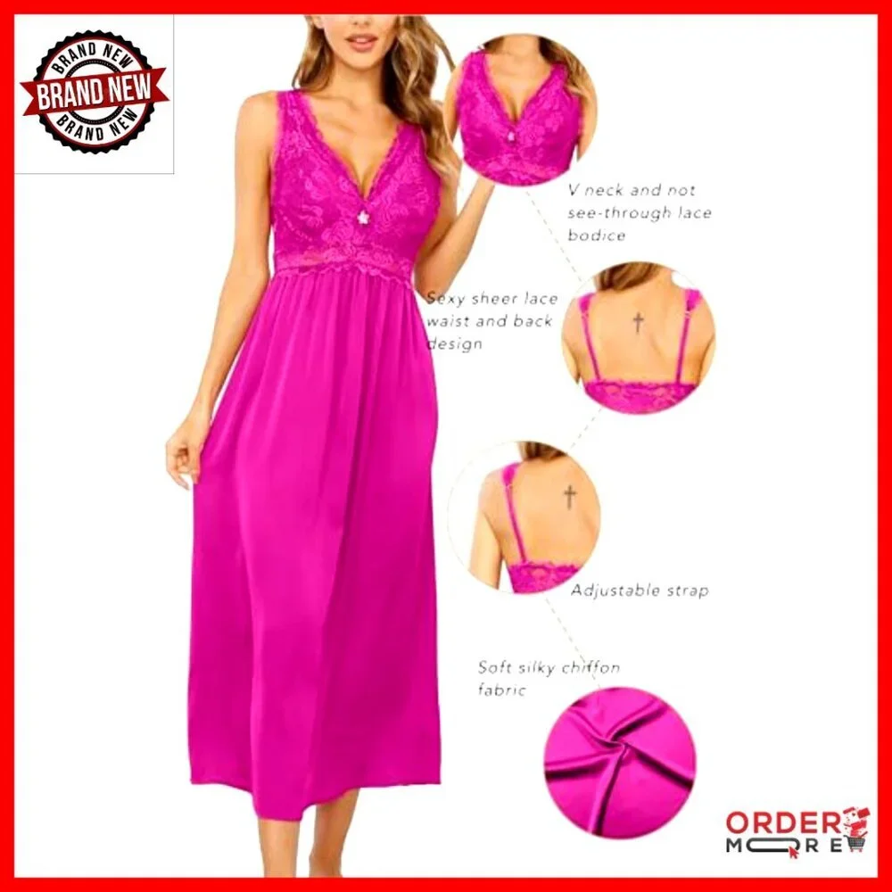 Long Floral Lace Silky Nightgown Chemise Sleepwear Supportive Fitting